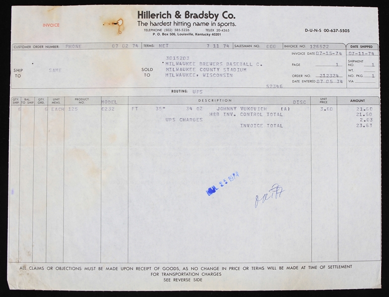 1974 Johnny Vukovich Milwaukee Brewers Bat Invoice