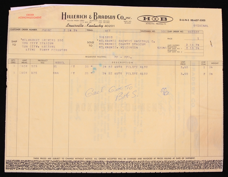 1974 Felipe Alou Milwaukee Brewers Bat Order Acknowledgment 