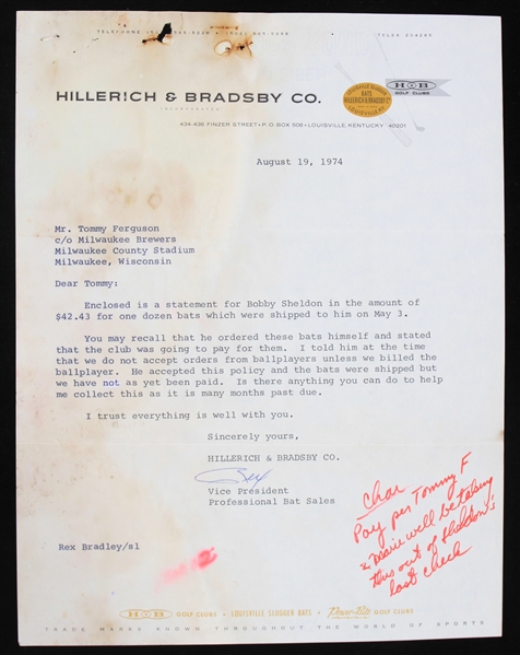 1974 Tommy Ferguson Milwaukee Brewers Past Due Letter for Bat Order