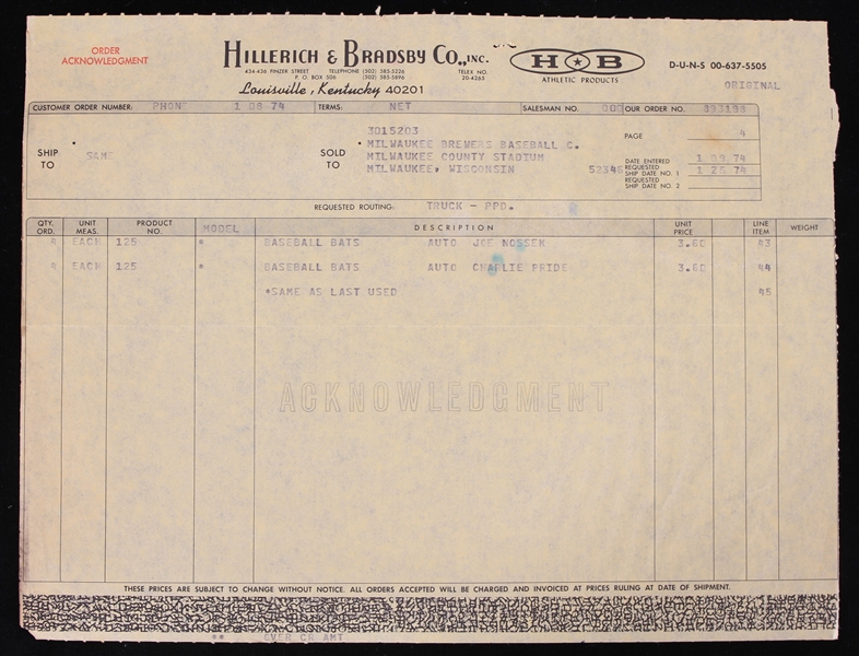 1974 Joe Nossek Charlie Pride Milwaukee Brewers Bat Order Acknowledgment