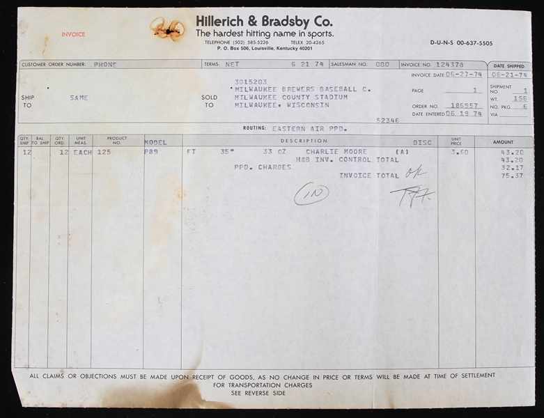 1974 Charlie Moore Milwaukee Brewers Bat Invoice