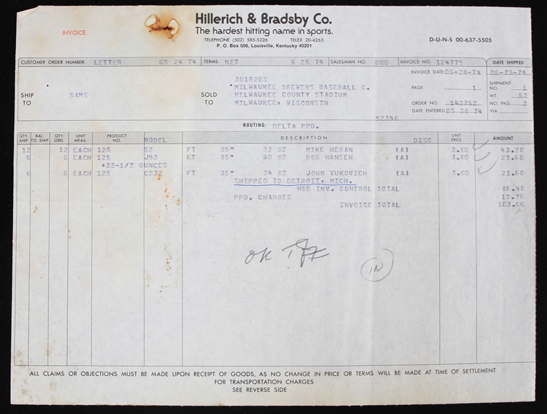 1974 Mike Hegan Bob Hansen John Vukovich Milwaukee Brewers Bat Invoice