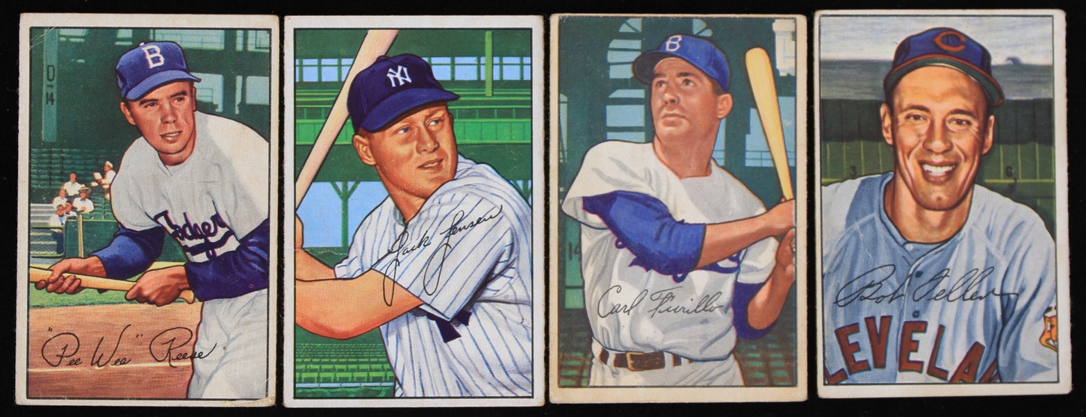 1952 Pee Wee Reese Brooklyn Dodgers #8 Carl Furillo Brooklyn Dodgers #24 Bob Feller Cleveland Indians #43 and Jackie Jensen Washington Senators  #161 Bowman Trading Cards (Lot of 4)
