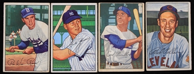 1952 Pee Wee Reese Brooklyn Dodgers #8 Carl Furillo Brooklyn Dodgers #24 Bob Feller Cleveland Indians #43 and Jackie Jensen Washington Senators  #161 Bowman Trading Cards (Lot of 4)