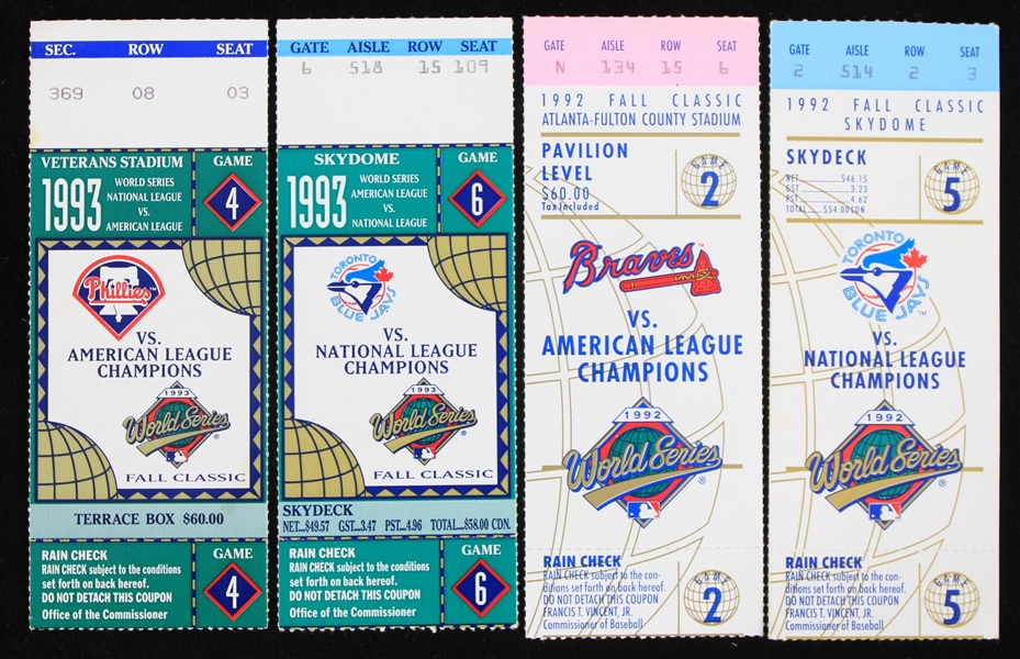 1992-1993 Atlanta Braves vs Toronto Blue Jays and Phillies vs Blue Jays World Series Tickets (Lot of 4)