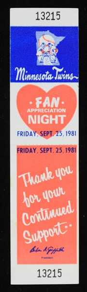 1981 Minnesota Twins Full Game Ticket
