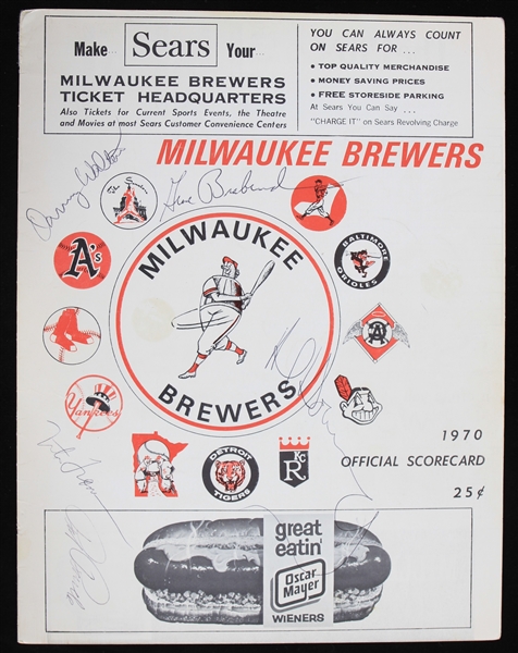 1970 Tito Francona Danny Walton Gene Brabender and More Milwaukee Brewers Autographed Scorecard Cover (JSA)