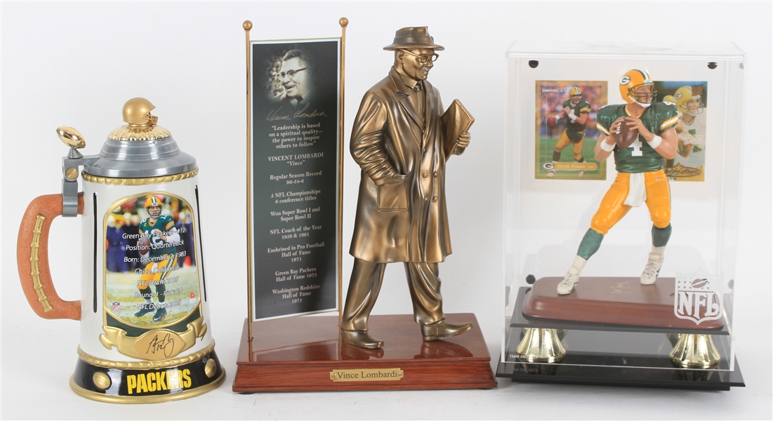 1990s-2000s Brett Favre Vince Lombardi Green Bay Packers Figural Displays & Beer Stein - Lot of 3 