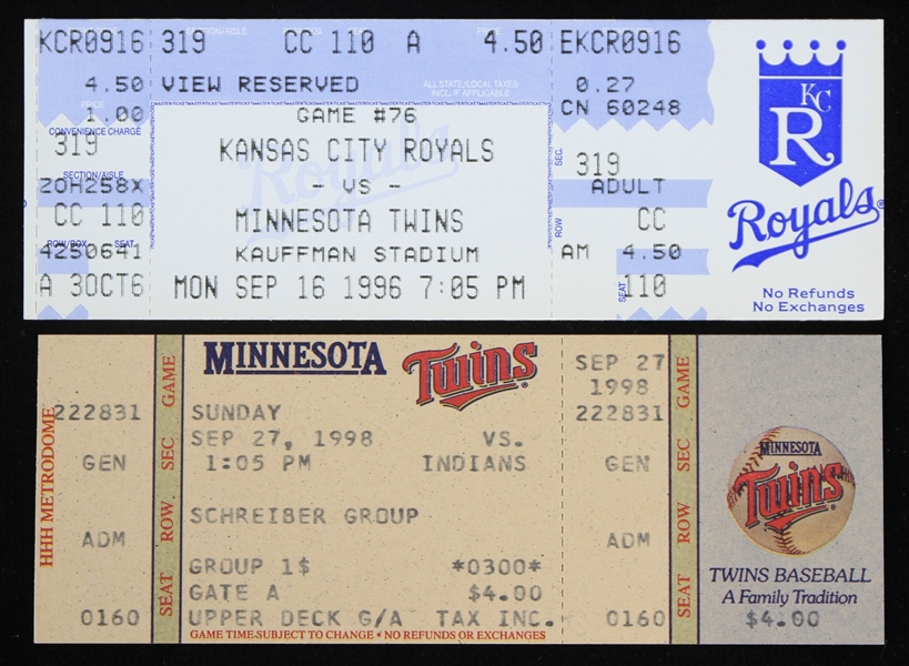 1996-1998 Paul Molitior Minnesota Twins 3000th Hit Ticket and Final Game Ticket (Lot of 2)