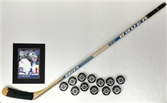 1990s-2000s Hockey Memorabilia Collection - Lot of 18 w/ Bauer Hockey Stick, 11" x 14" Matted Ed Balfour Lithograph, Practice Pucks & More