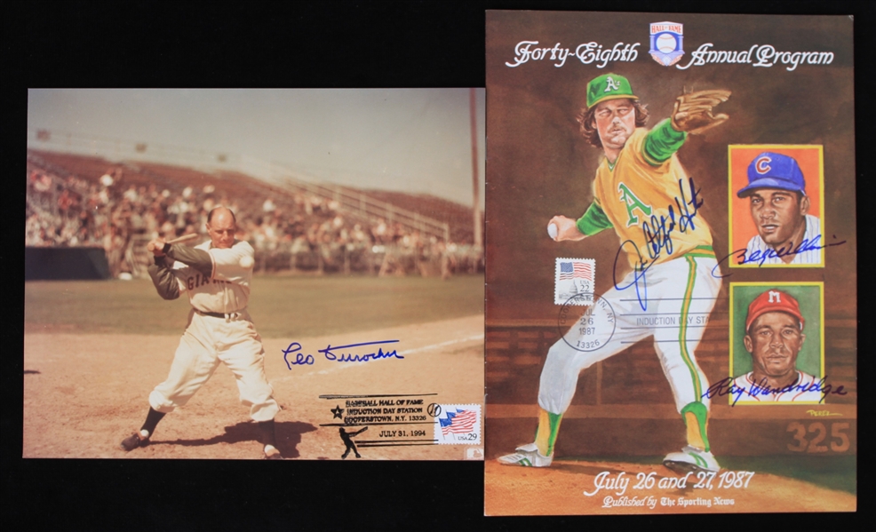1987-94 Leo Durocher Jim Catfish Hunter Billy Williams Ray Dandridge Signed Photo & Hall of Fame Program - Lot of 2 (JSA)