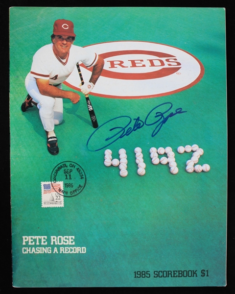 1985 Pete Rose Cincinnati Reds Signed Postmarked 4192 Scorebook (JSA)