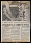 1982 Paul "Bear" Bryant Alabama Crimson Tide Signed Cut Newspaper Article (JSA)