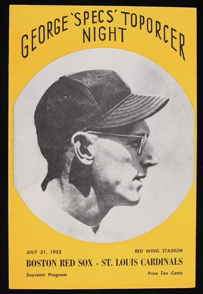 1952 George "Specs" Toporcer Night Rochester Red Wing Stadium Exhibition Game Program