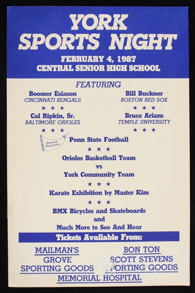 1987 York Sports Night 11" x 17" Broadside w/ Boomer Esiasion, Bill Buckner, Cal Ripken Sr., Bruce Arians & More 