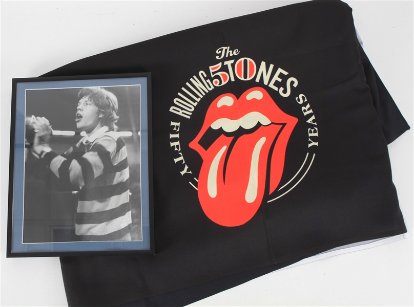 1960s-2010s The Rolling Stones Memorabilia Collection - Lot of 2 w/ Vintage Framed Mick Jagger Photo & 50th Anniversary Banner