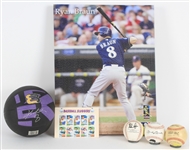 1980s-2000s Baseball Basketball Memorabilia Collection - Lot of 6 w/ Baseball Sluggers Stamp Sheet, Kobe Bryant Basketball, Ryan Braun Canvas & More