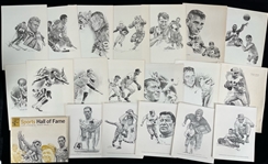 1960s Equitable Sports Hall of Fame Illustrated Prints - Lot of 34 w/ Jim Thorpe, Babe Ruth, Bill Russell, Gordie Howe, Sam Snead & More