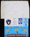 1979 Bob Uecker Hank Aaron George Bamburger and More Autographed Ticket Flyer and Paper (Lot of 2) (JSA)