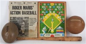 1920s-60s Sports Memorabilia Collection - Lot of 4 w/ Roger Maris Action Baseball Game, Melon Football, Laced Basketball & Store Model Bat