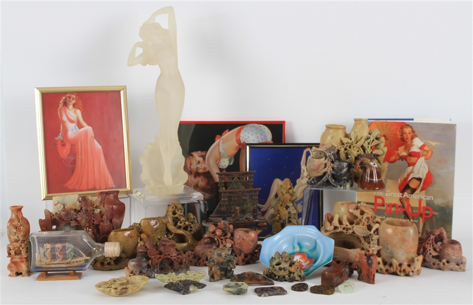 1970s-2000s Asian Inspired Decorative Artwork & Pinup Girl Collection - Lot of 25+ w/ Framed Pieces, Hardcover Book, Ship in a Bottle & More 