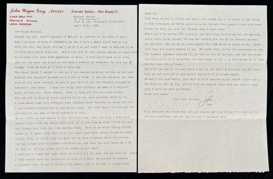1992 John Wayne Gacy (d.1994) Signed Letter on Personal Letterhead (JSA)