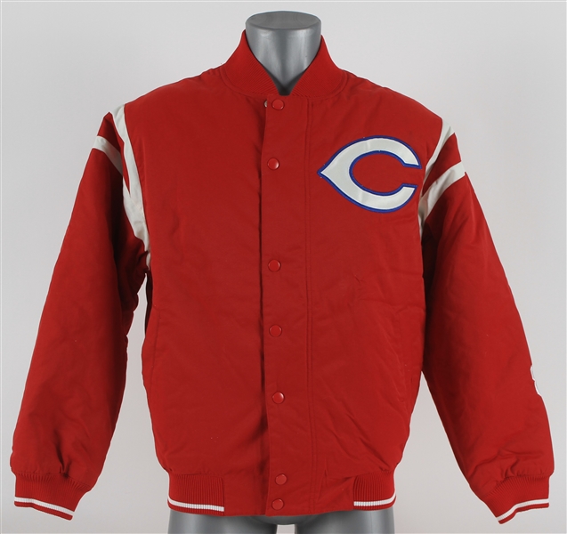 2000s Cincinnati Reds Quilted Warm Up Jacket w/ #8 Embroidered on Sleeve + Joe Morgan Baseball Trading Card