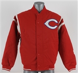 2000s Cincinnati Reds Quilted Warm Up Jacket w/ #8 Embroidered on Sleeve + Joe Morgan Baseball Trading Card