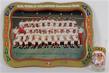1976-80s Cincinnati Reds Memorabilia - Lot of 2 w/ 1976 World Series Champion 13.5" x 19" Tray & Pete Rose Gold Star Chili Drinking Glass