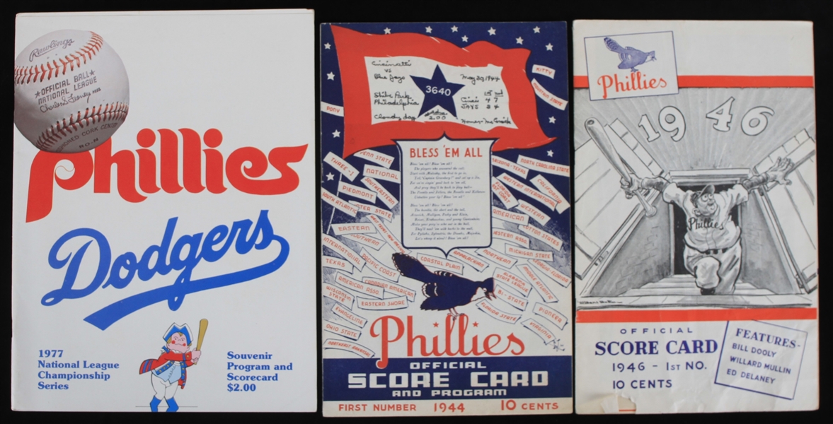 1944-77 Philadelphia Phillies Scorecard & Program Collection - Lot of 5 w/ Shibe Park and 1977 NLCS