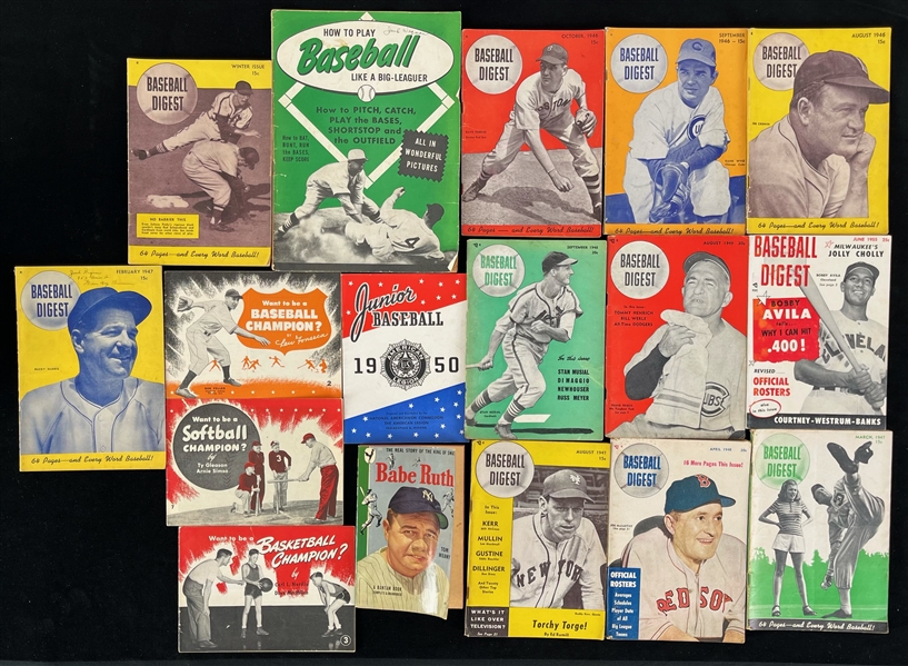 1940s-50s Baseball Publication Collection - Lot of 17 w/ Baseball Digest & More