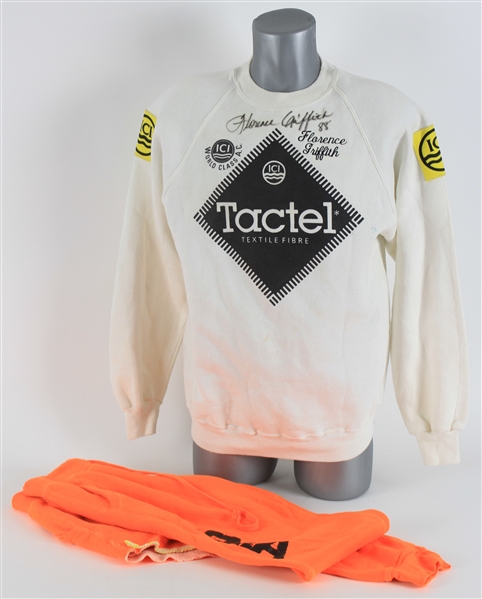 1988 Florence Griffith Joyner Olympic Gold Medalist Personal Collection Apparel - Lot of 2 w/ Custom Cut Sweatpants & Signed Tactel Sweatshirt (MEARS LOA/JSA)