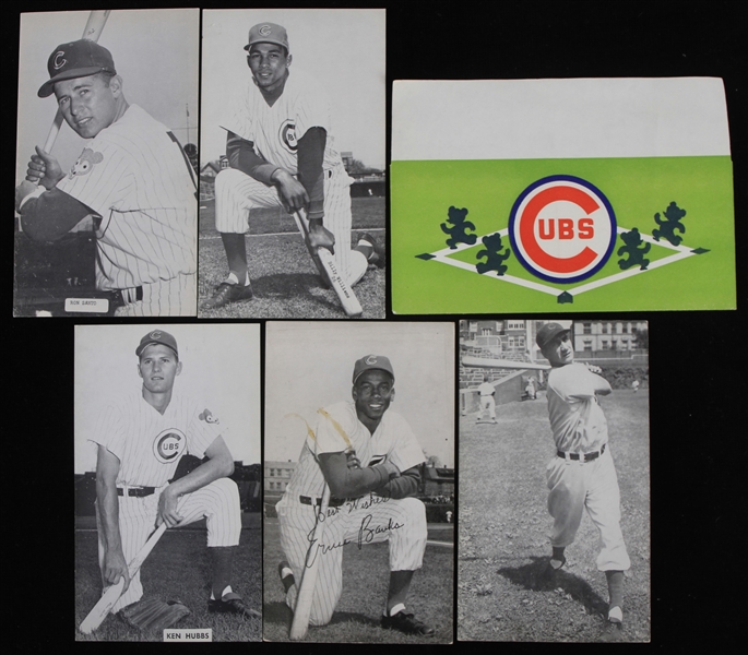 1960s Chicago Cubs 3.25" x 6" Player Postcards - Lot of 5 + Period Ticket Envelope