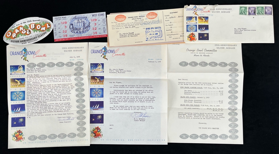 1959 Orange Bowl 25th Anniversary Memorabilia - Lot of 7 w/ Ticket, Window Decal, Correspondence, Envelope & More