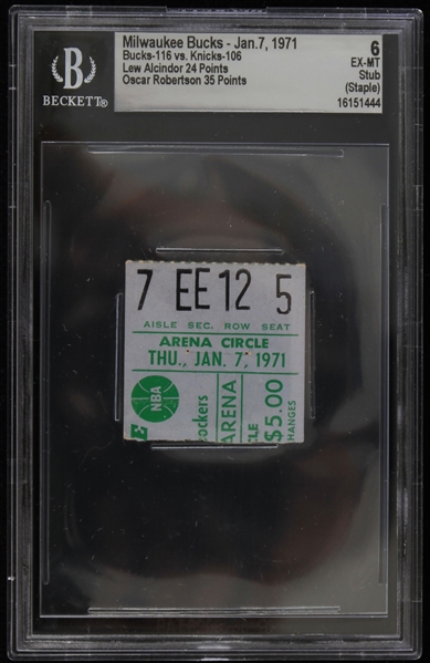 1971 Milwaukee Bucks New York Knicks Milwaukee Arena Ticket Stub (Beckett 6 EX-MT) NBA Championship Season