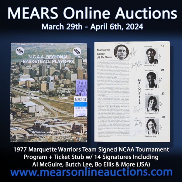 1977 Marquette Warriors Team Signed NCAA Tournament Program + Ticket Stub w/ 14 Signatures Including Al McGuire, Butch Lee, Bo Ellis & More (JSA)