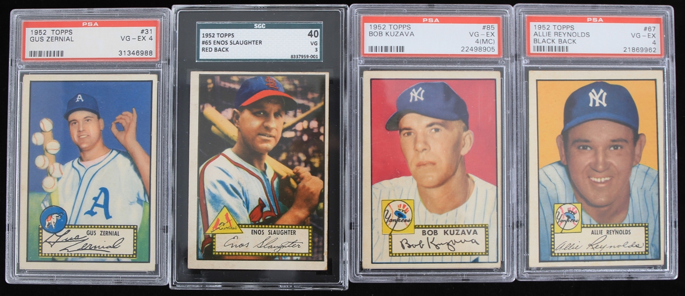 1952 Topps Slabbed Baseball Trading Cards - Lot of 4 w/ Gus Zernial, Enos Slaughter, Allie Reynolds & Bob Kuzava