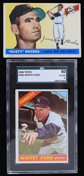 1955-66 Topps Baseball Trading Cards - Lot of 2 w/ 1955 #1 Dusty Rhodes & 1966 #160 Whitey Ford (SGC 50 VG/EX 4)