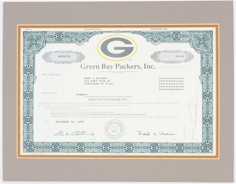 1997 Green Bay Packers 11" x 14" Matted Stock Certificate