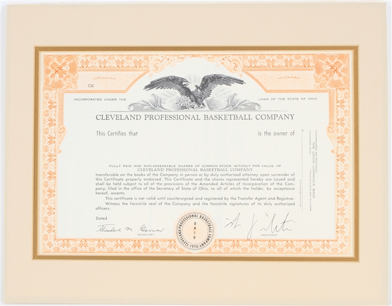 1970s Cleveland Cavaliers 11" x 14" Matted Blank Stock Certificate