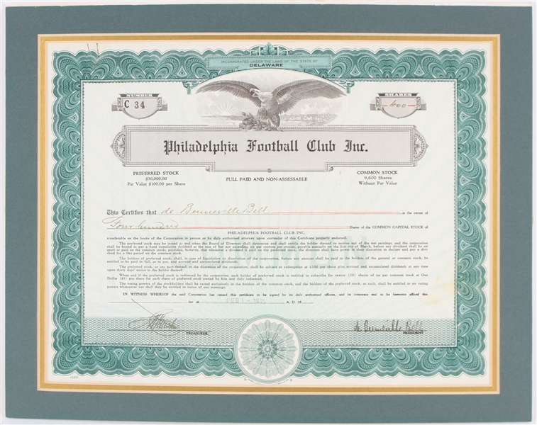 1935 Philadelphia Eagles 11" x 14" Matted Stock Certificate