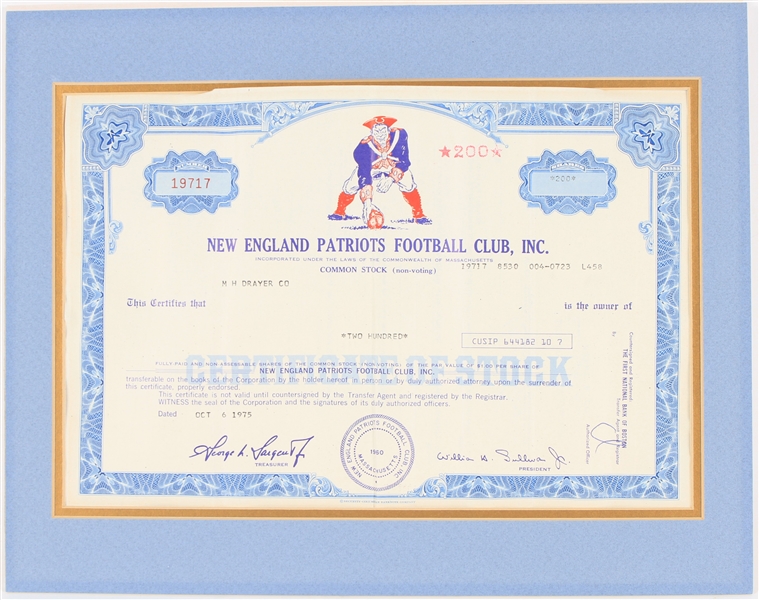 1975 New England Patriots 11" x 14" Matted Stock Certificate