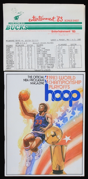 1983 NBA World Championship Playoffs Official Program Magazine and a Milwaukee Bucks vs Boston Celtics Bonus Sheet (Lot of 2)
