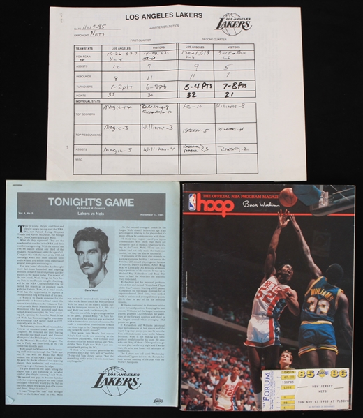1985 Los Angeles Lakers vs New Jersey Nets Game Program Magazine Ticket Stub and Scoresheet (Lot of 4)
