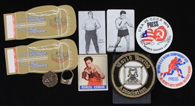 1940's-70's Boxing Memorabilia Collection - Lot of 10 w/ Golden Gloves Tickets, Medal, Ring, WBA Badge, 1948 Leaf Marcel Cerdan & More