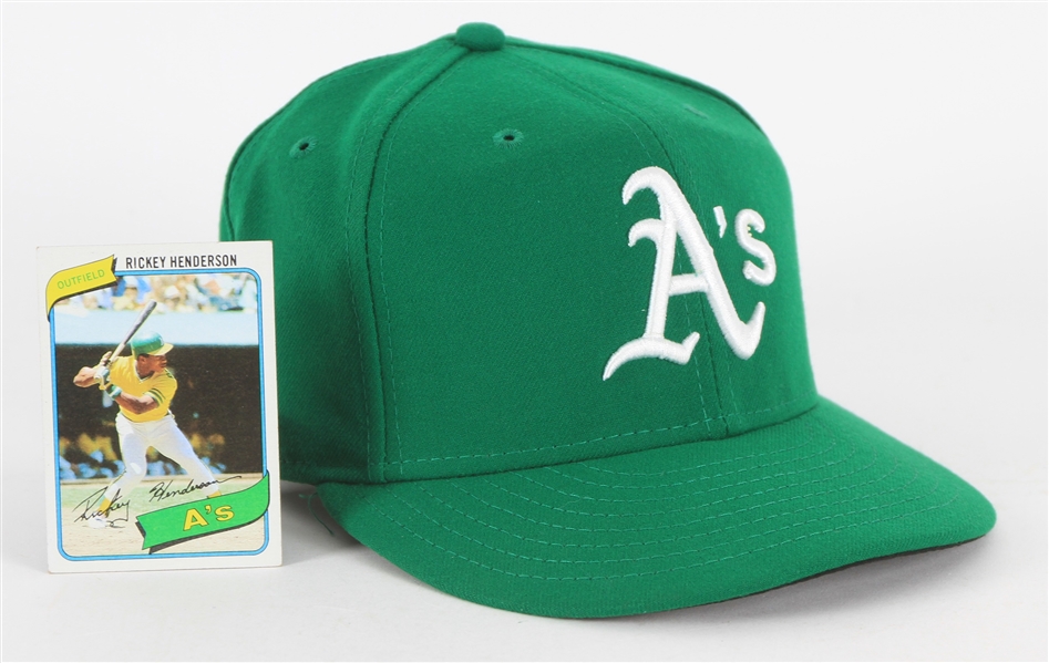 1980-2019 Rickey Henderson Oakland Athletics Memorabilia - Lot of 2 w/ Rookie 1980 Topps #482 Trading Card & Post Career Cap (MEARS LOA/MLB Hologram)