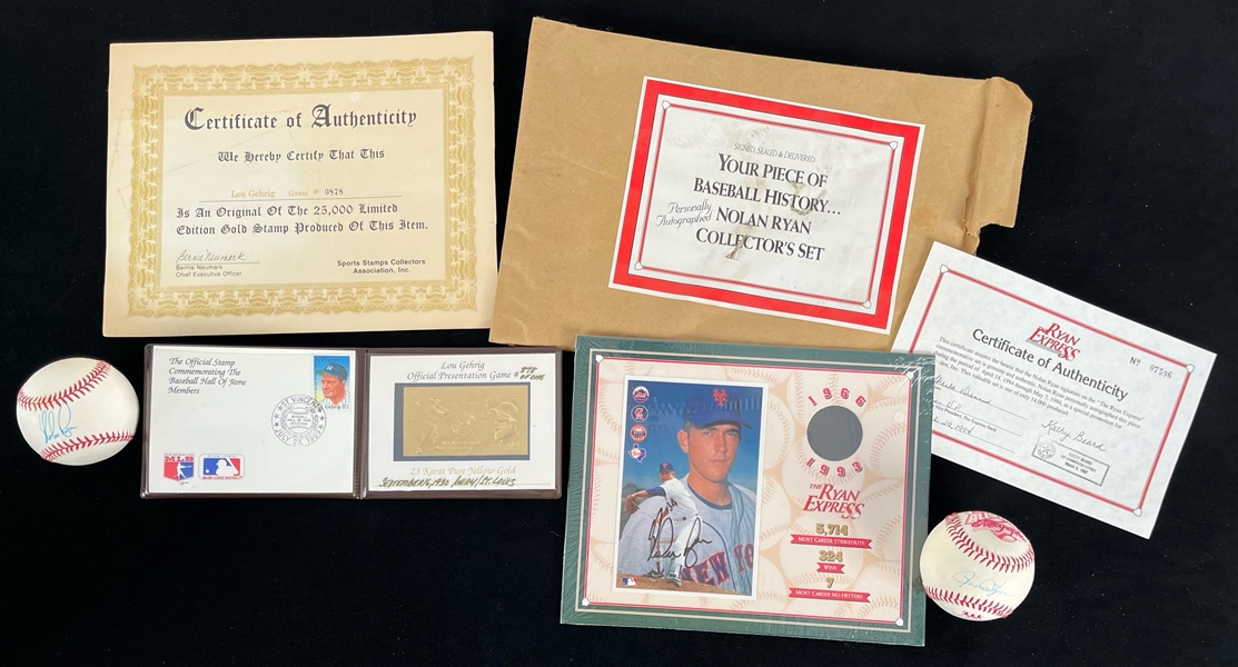 1990s Baseball Memorabilia Collection - Lot of 3 w/ Lou Gehrig Gold Stamp, Nolan Ryan Signed Ryan Express Display, Rollie Fingers Signed Baseball & More (JSA)