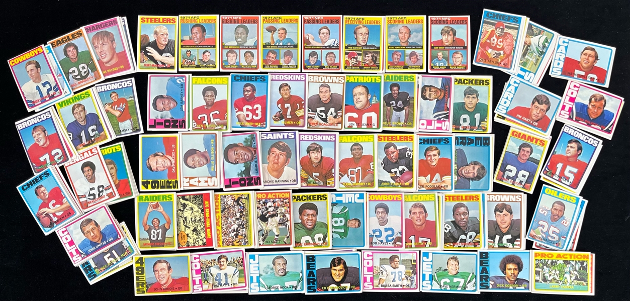 1972 Topps Football Trading Cards - Lot of 205 w/ Roger Staubach, Joe Namath, Terry Bradshaw, John Unitas, OJ Simpson, Archie Manning & More