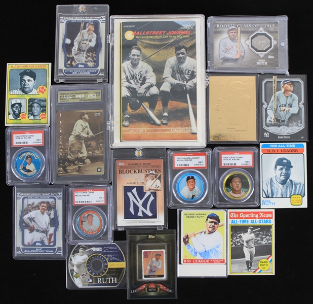 1960s-2010s Babe Ruth & Al Kaline Memorabilia Collection - Lot of 18 w/ Baseball Trading Cards, PSA Slabbed Coins & Paperback Book  
