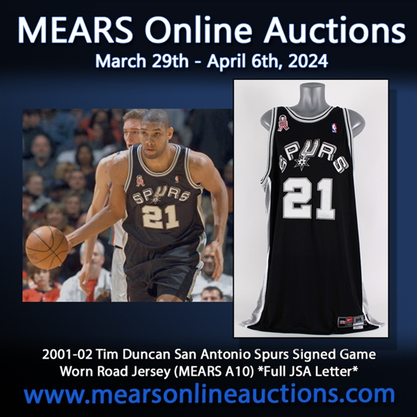 2001-02 Tim Duncan San Antonio Spurs Signed Game Worn Road Jersey (MEARS A10) *Full JSA Letter*
